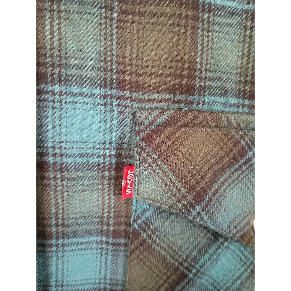 Western Grunge Levis Mens Large Teal Plaid Pearl Snap Flannel Work Shirt L
